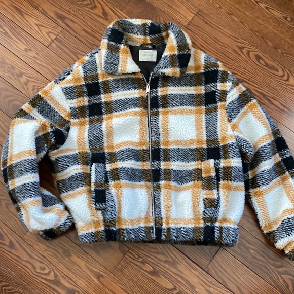 None Jackets & Blazers - Fleece Sherpa Plaid Bomber Jacket